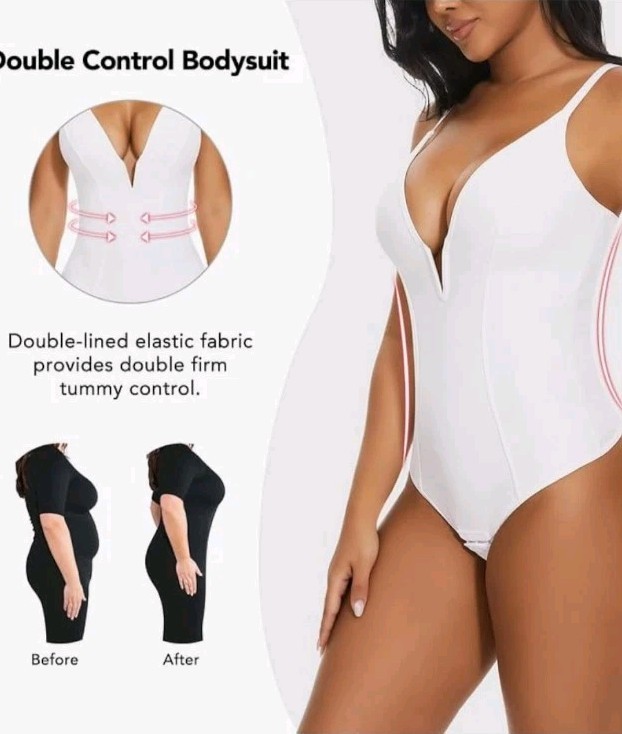 SHAPERIN Women’s Deep V Neck Bodysuit Double Lined Plunge Tummy Control Sz L