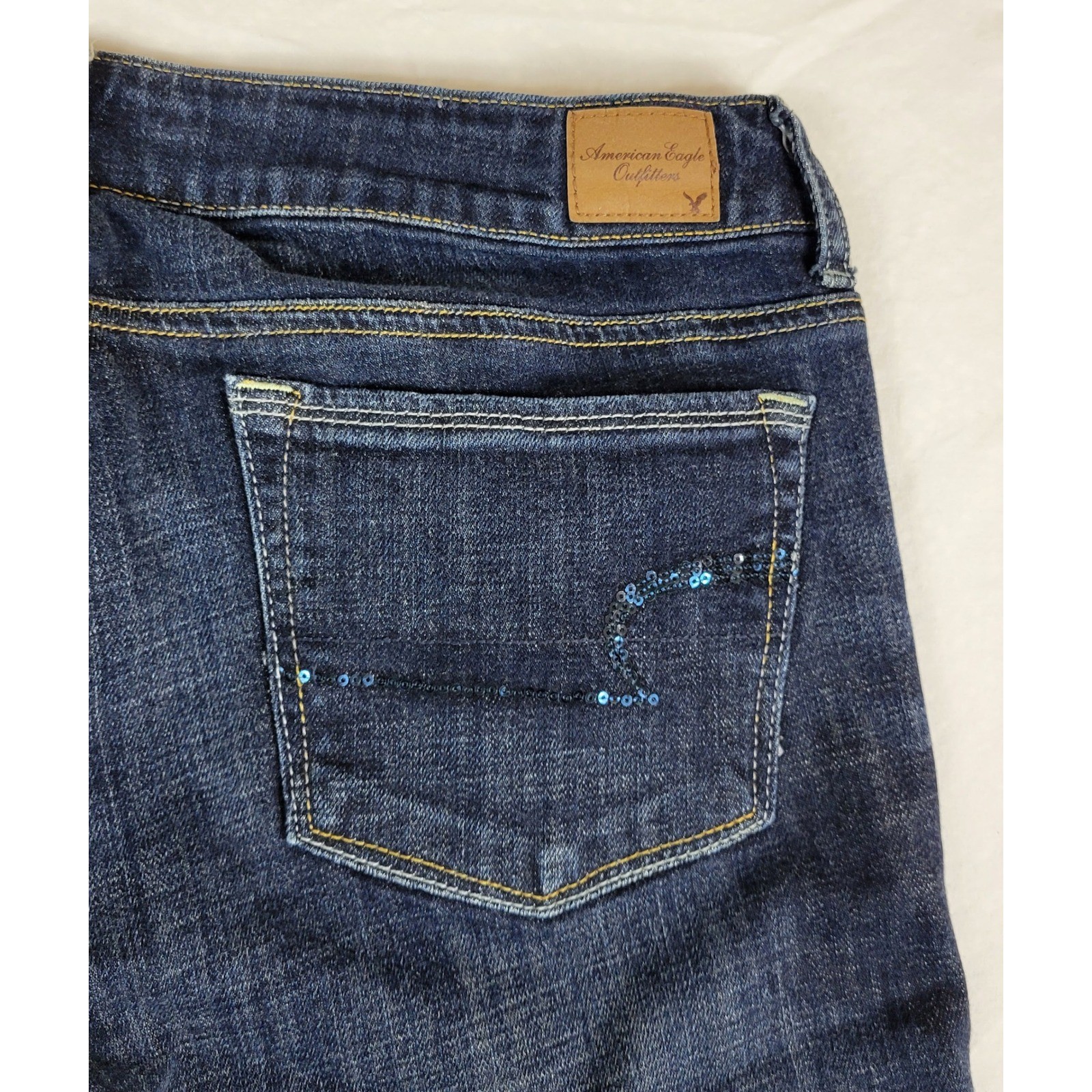 American Eagle Skinny Kick Jeans Womens 12 Reg Dark Wash Sequin Pocket Stretch
