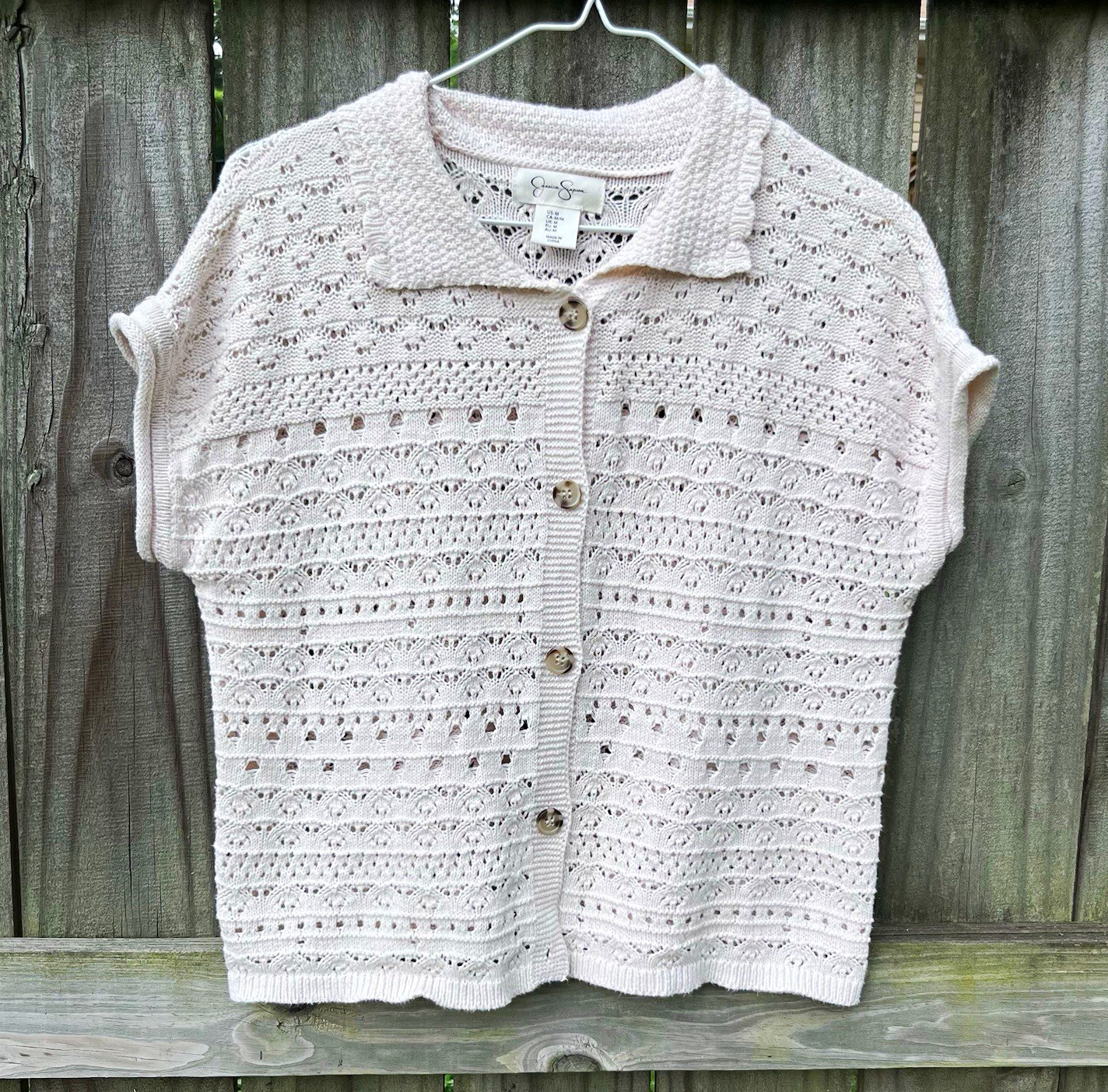 Women’s light Beige Open-Knit Button-Front Short Sleeve, M