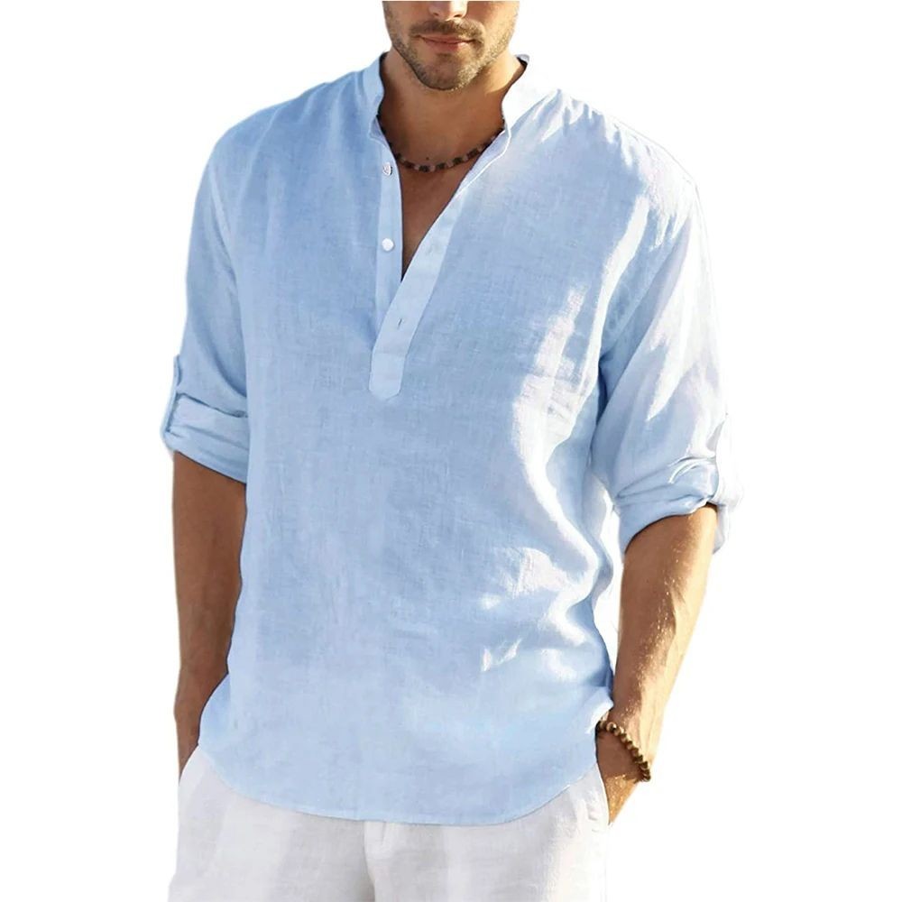 Men’s Cotton Linen Shirt Stand Collar Long Sleeve Casual Pullover Top