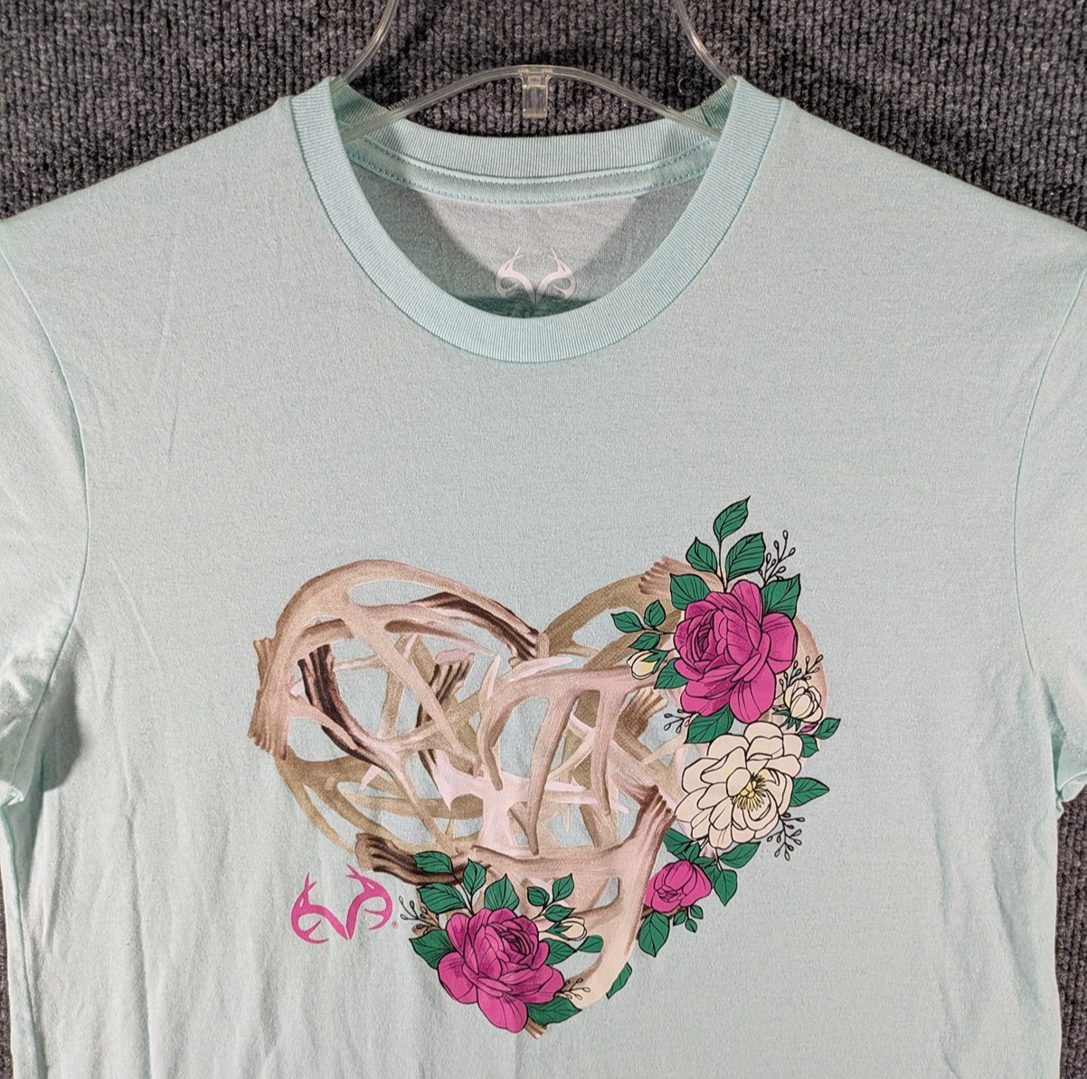 Real Tree T-Shirt Blue Graphic Print Floral Antlers Deer Hunting Womens Medium