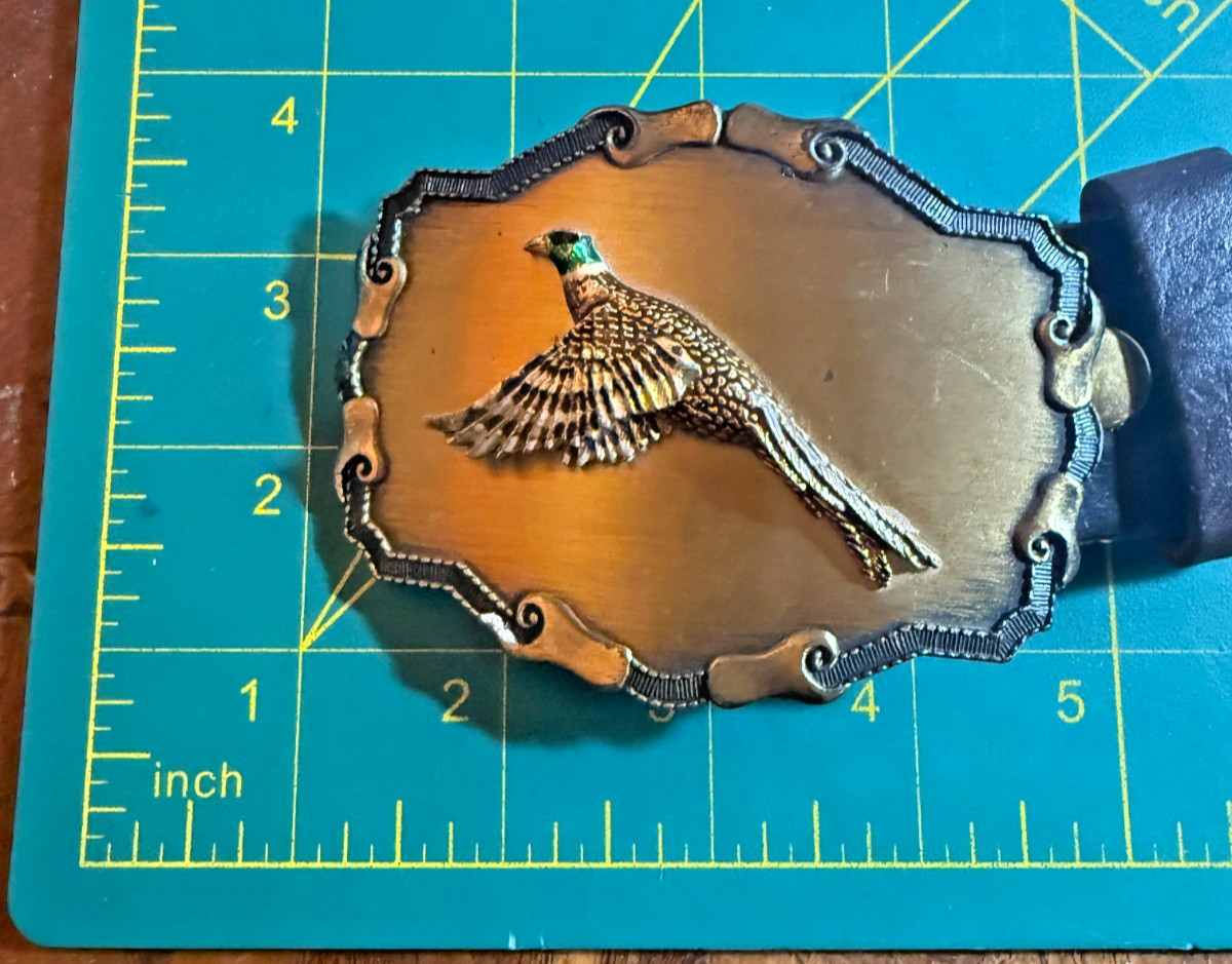 Vintage Raintree Ring-Necked Pheasant Belt Buckle w/ Gelante Leather Belt L38-40