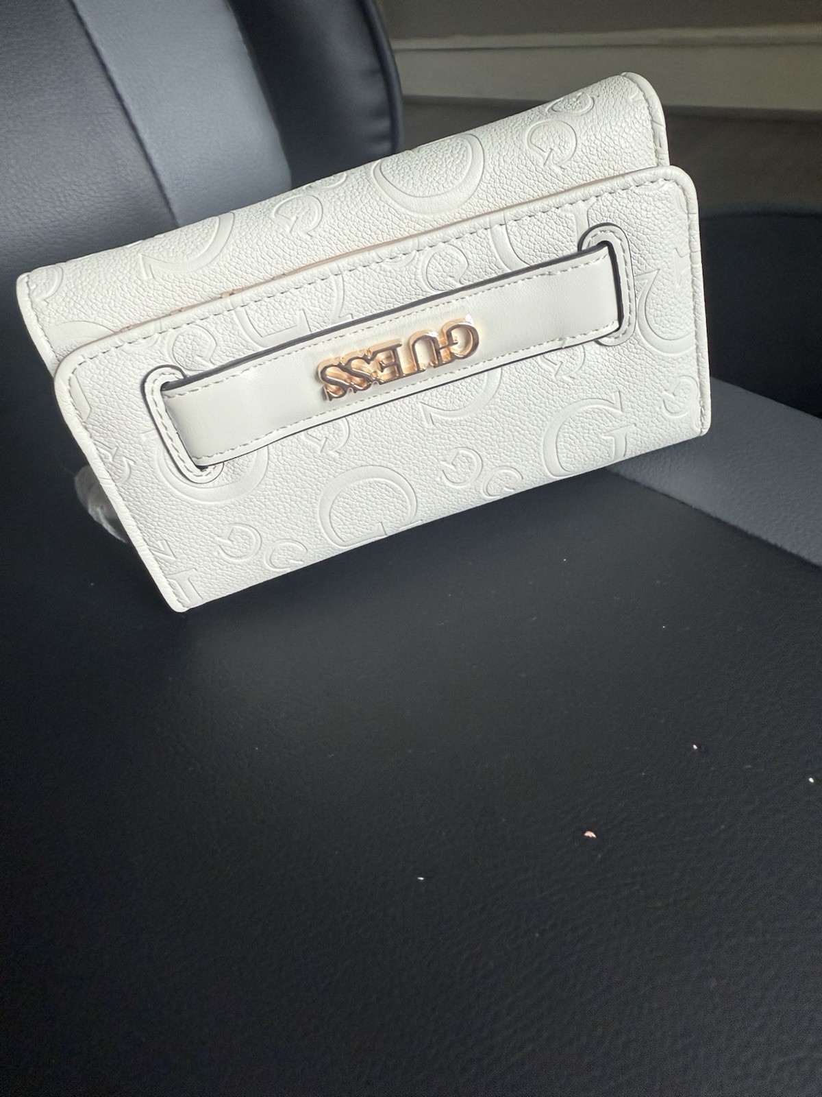 GUESS Women’s White Logo Embossed Folding Wristlet Clutch Wallet Strap
