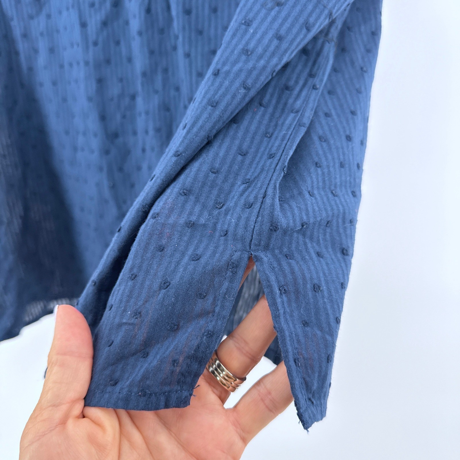 Estelle Navy Blue 2X/20W Eyelet Flutter Sleeve Button Down Blouse Top Swiss Dot