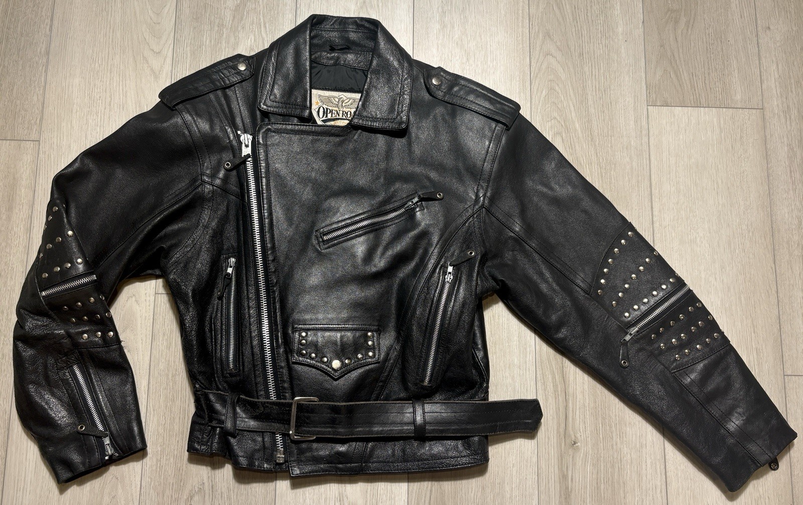 VTG 80s 90s Open Road Studded Leather Moto Jacket Brando Punk Biker Belted M