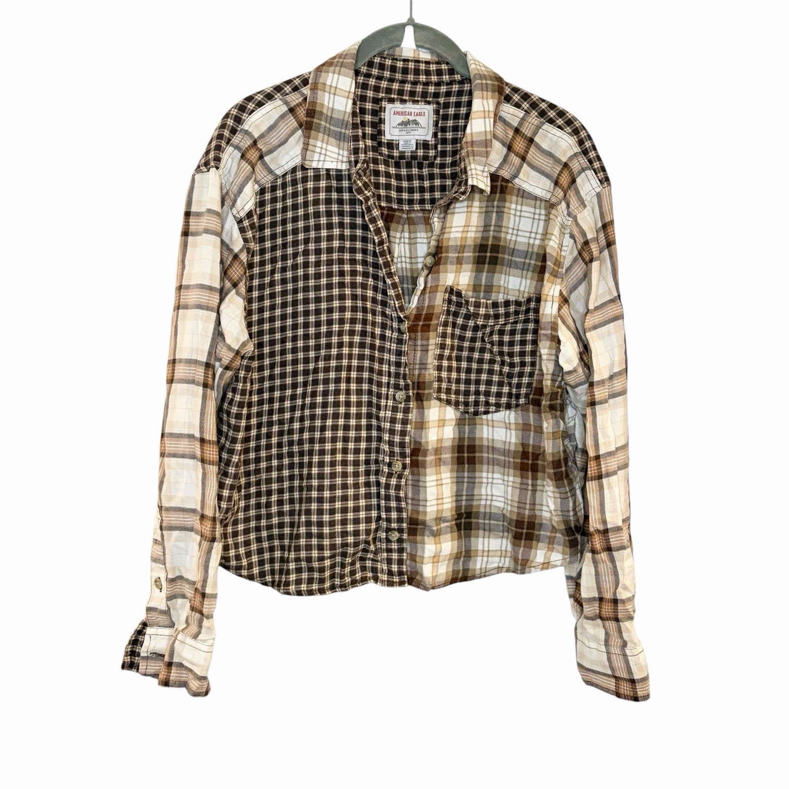 American Eagle Elbow Patch Plaid Patchwork Oversized Button Down M Cropped