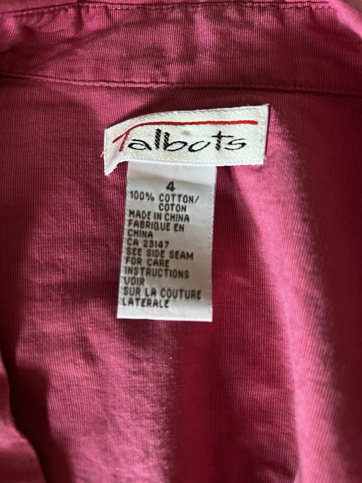 Talbots Women’s Size 4 Pink Button Up 100% Cotton Shirt