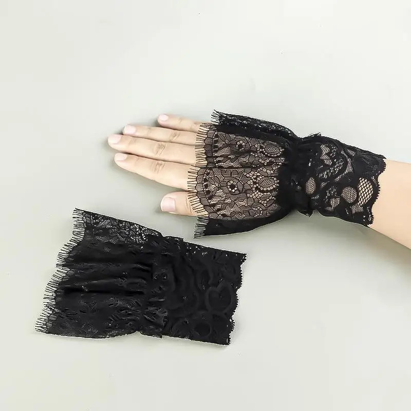 Women Fake Arm Sleeves with Short Tassels White and Black Pleated Cuff Beautiful