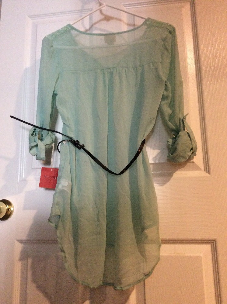 NWT Womens Green Small Shirt Top Blouse Career Sheer Belt Lace Button Up Sleeves