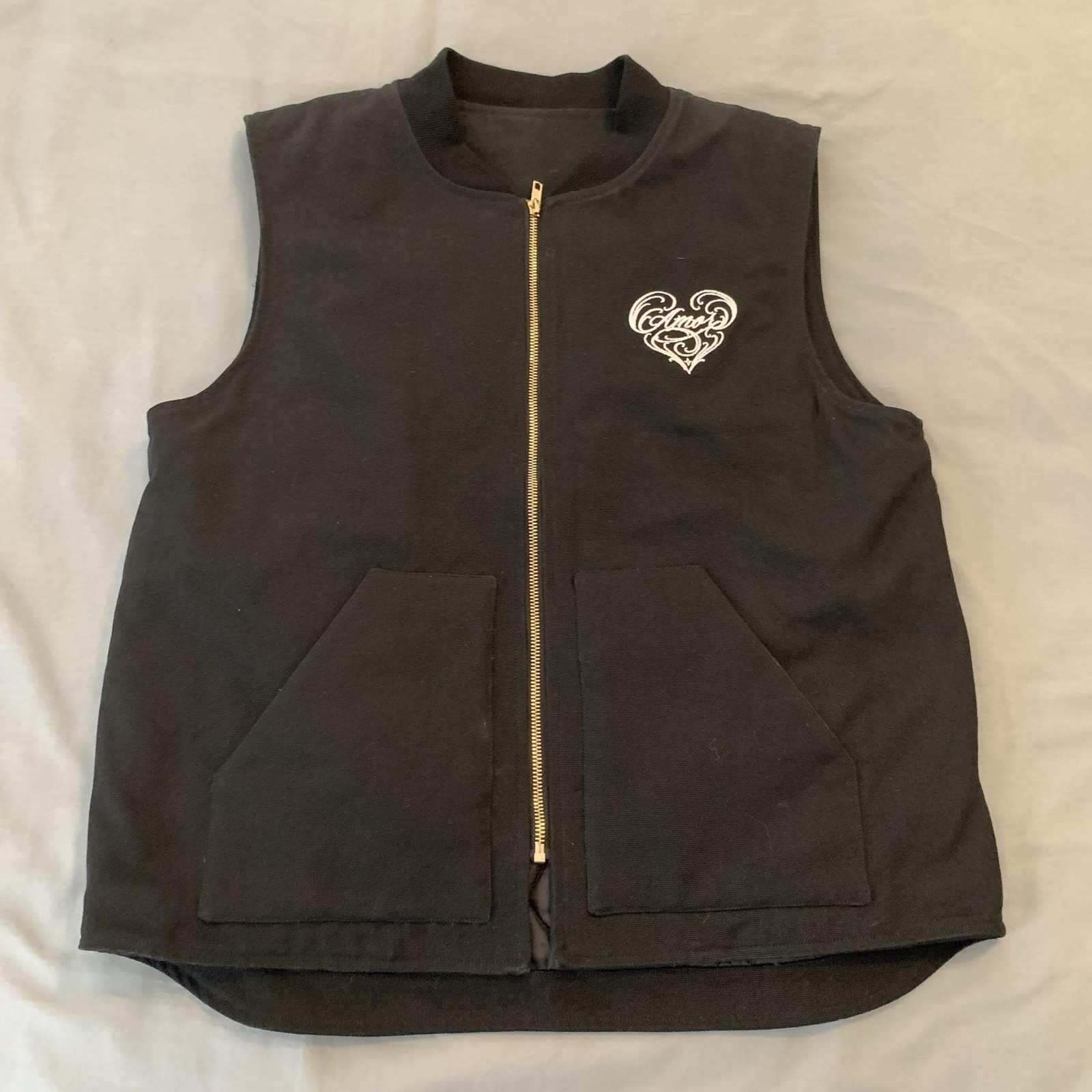 Amor Heart Vest Mens Large Black Canvas Quilted Full Zip Lined Pockets Rodeo