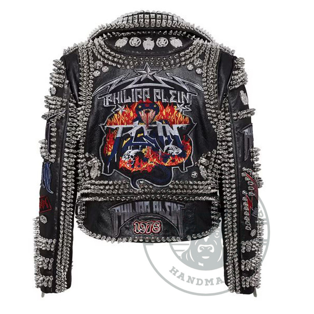 Handcrafted Men’s Heavy Spiked Studded, Patches Punk Fashion Leather Jacket