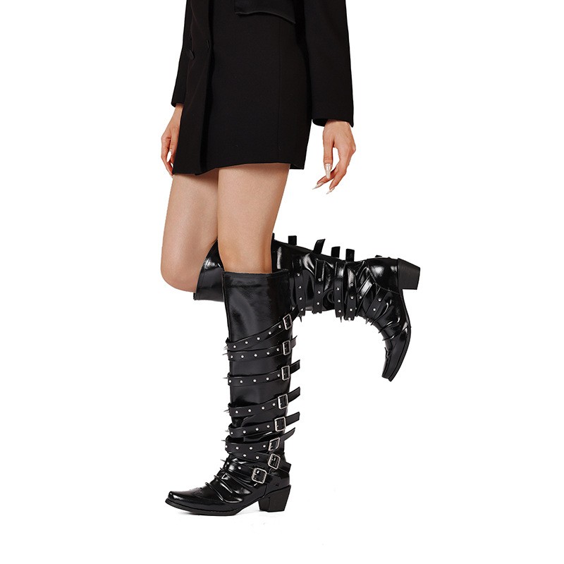 Rivet Cowgirl Knight Boots Women Pointy Toe Multi Buckles Low Heel Western Shoes