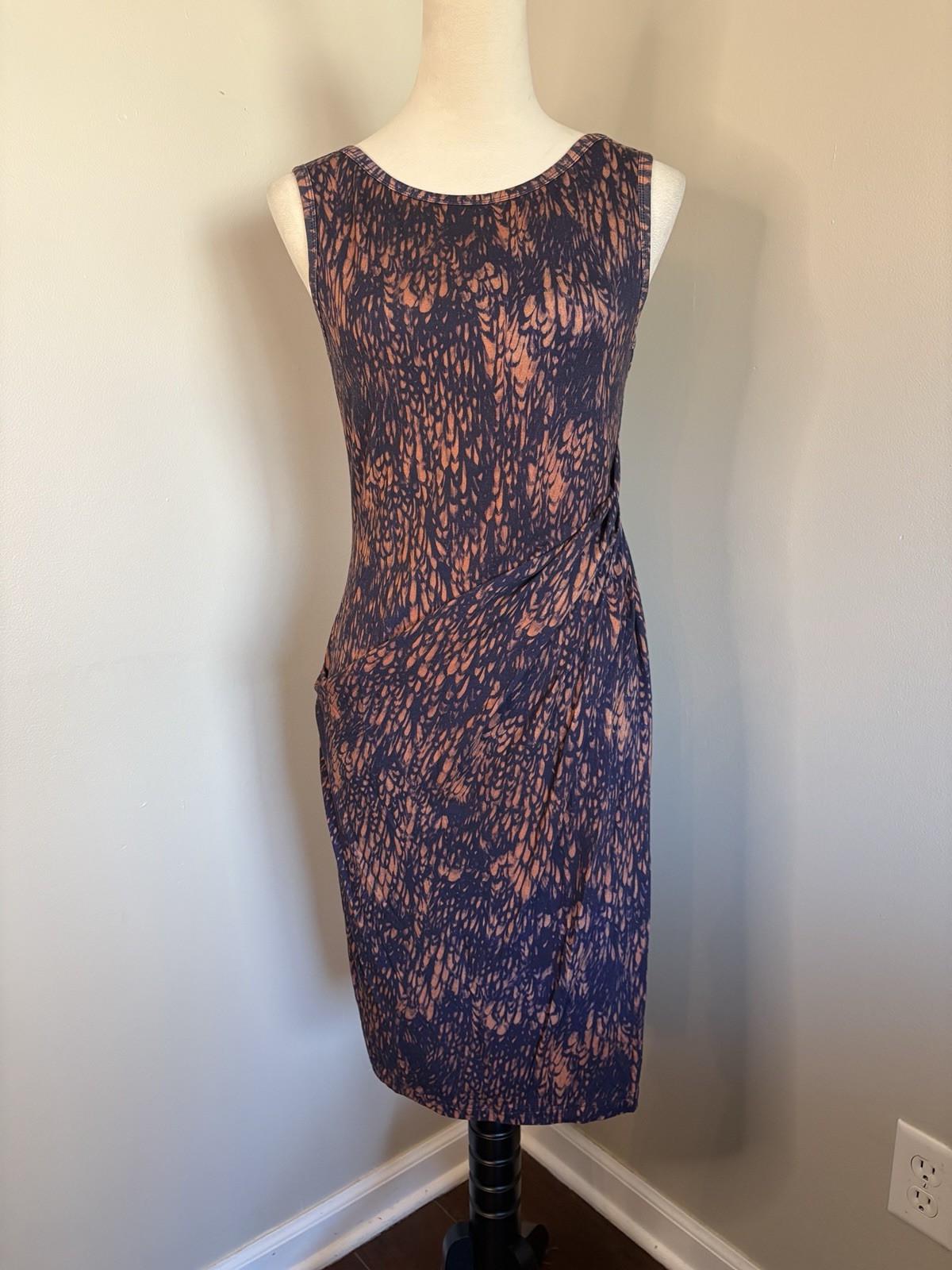 Peruvian Connection Sheath Dress Ruched Sleeveless Stretch Orange Blue Sz Small