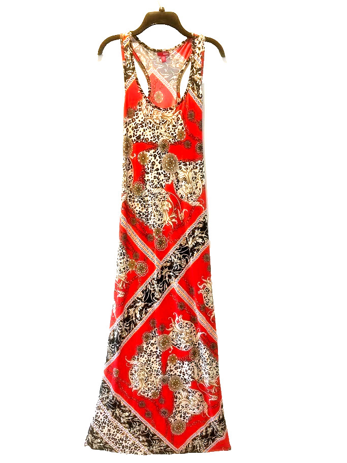 Bongo Maxi Sleeveless Women’s Dress Small Sz Red Animal Chain Print Multicolor