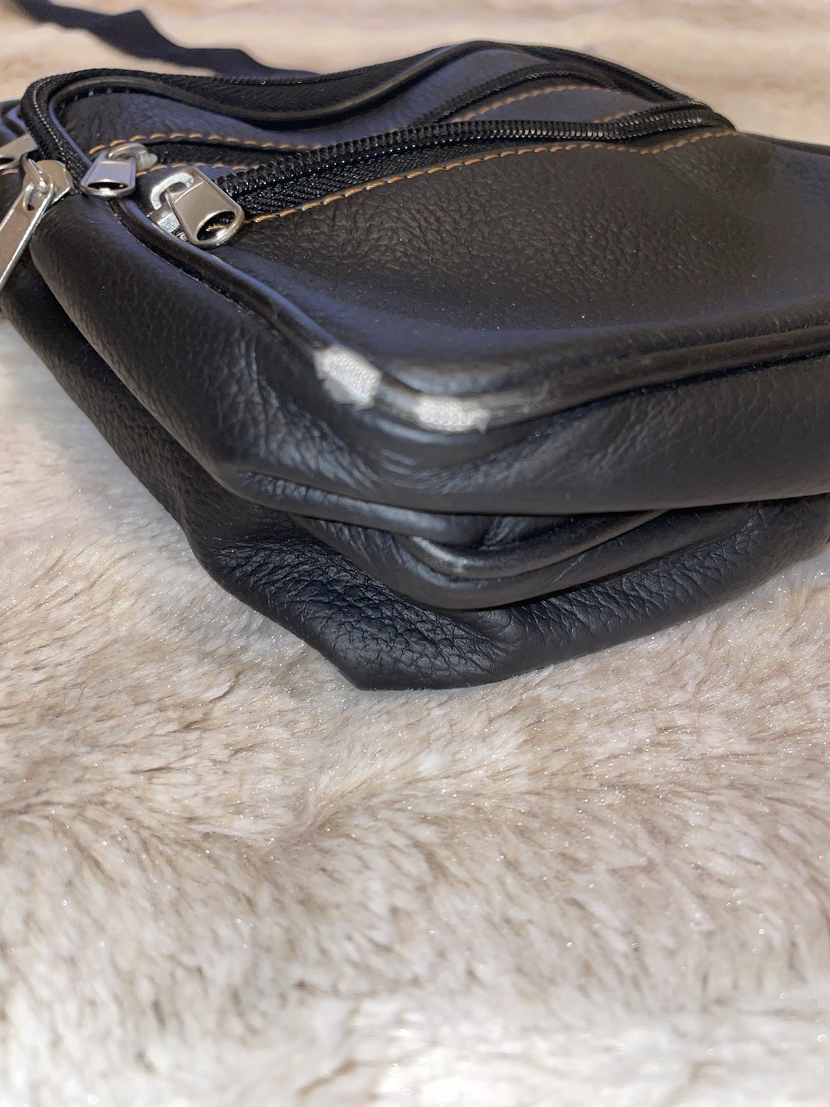 Real Leather Black Pebbled Crossbody Bag with Multi-Zip, Adjustable Strap