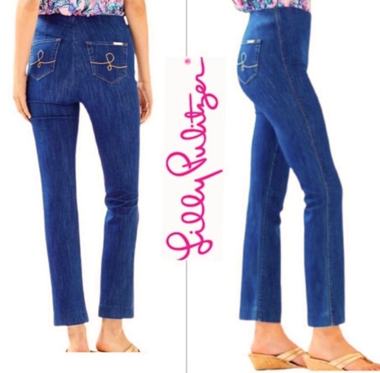 Lilly Pulitzer Ocean Cay High Rise Blue Flare Cropped Stretch Jeans Size 8