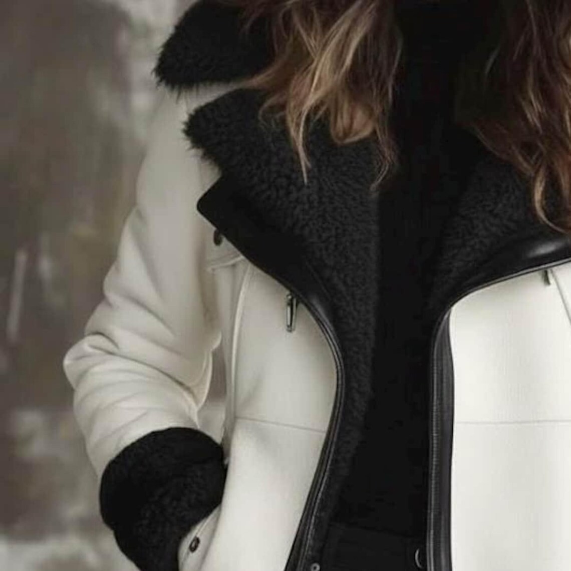Women’s Shearling Leather Coat | Handmade White Shearling Coat with Fur Collar
