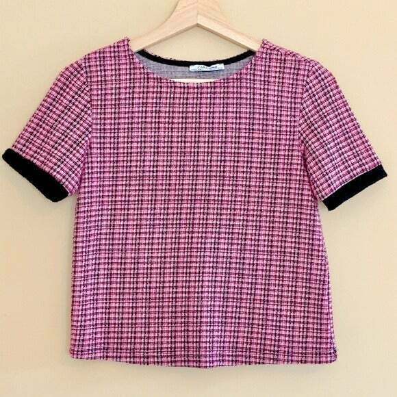 Zara Top Pink Tweed Shirt Boho Retro Mod Barbie Core Twee Preppy Valentines Day