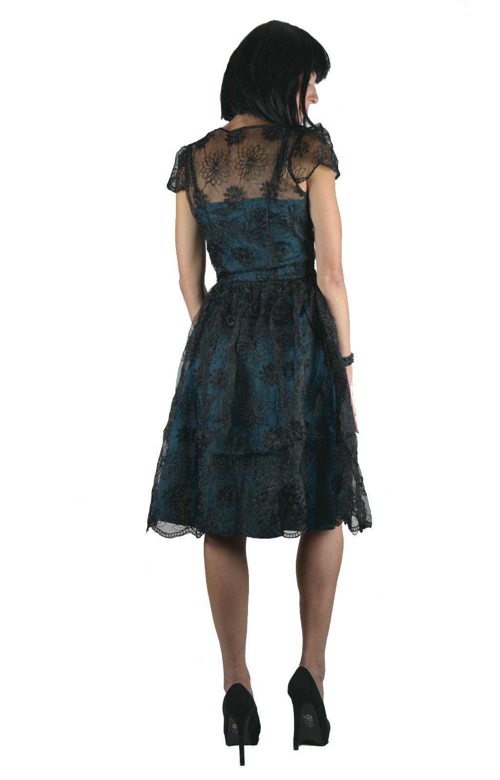 VOODOO VIXEN RETRO PIN UP 50s MAY TEAL LACE OVERLAY TAFFETA BLUE DRESS DRA8085