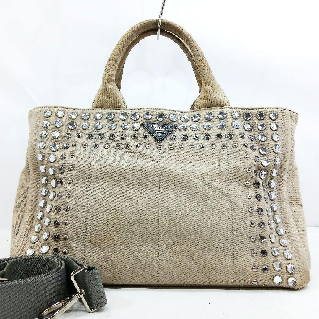 PRADA Canapa Bijou 2 Way Leather Canvas Shoulder Handbag Greige Silver Auth
