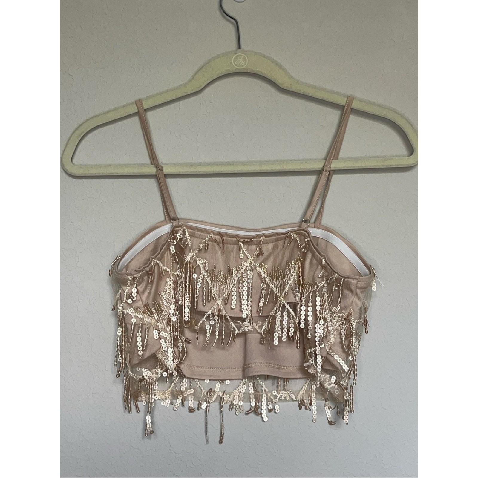 Rose Gold Sequin Fringe Festival Cropped Tank Women Medium Coquette Glam Y2K