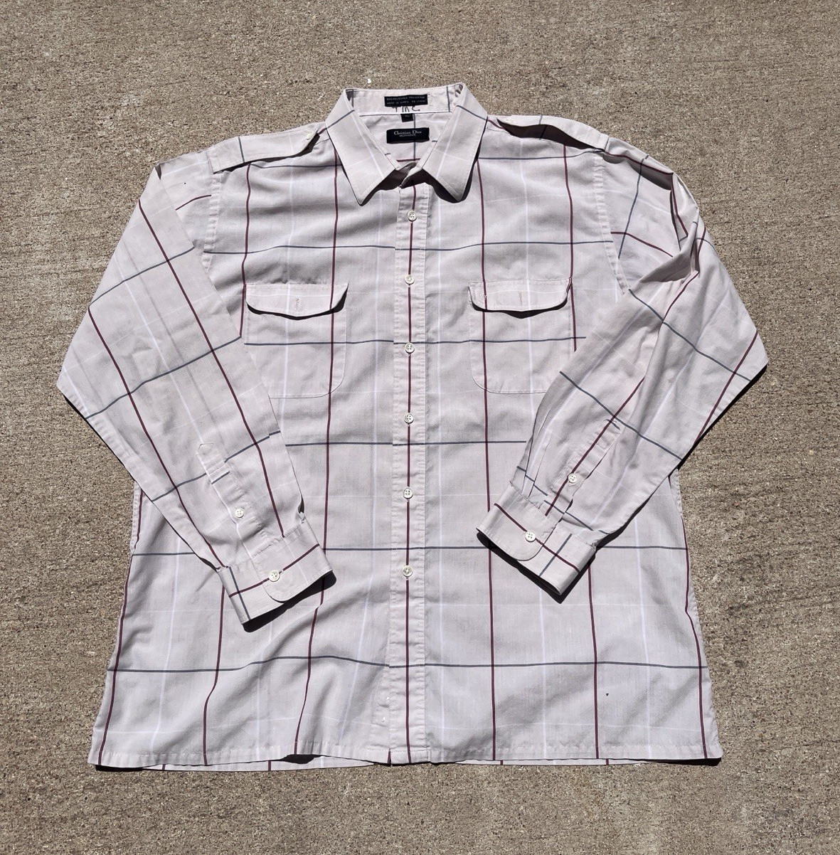 Christian Dior Monsieur Men’s XL Gray Plaid Long Sleeve Button-Up Pockets