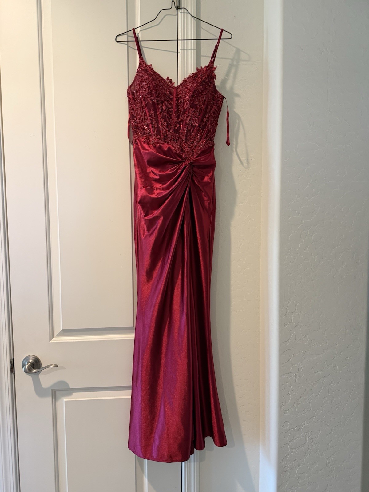 Ladivine by Cinderella Divine Red Satin Sequin Embroidered Mesh Formal Gown XS