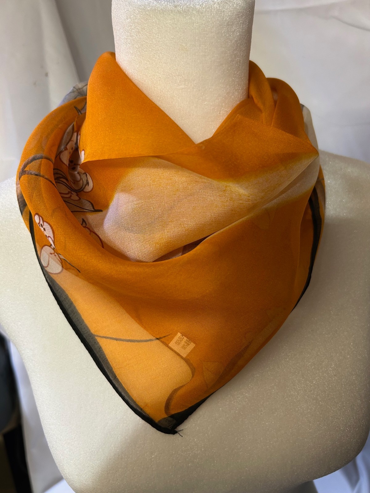 26 Inch Medium Square Orange, Tan and Black Floral Pattern 100% Silk Scarf-SS-33
