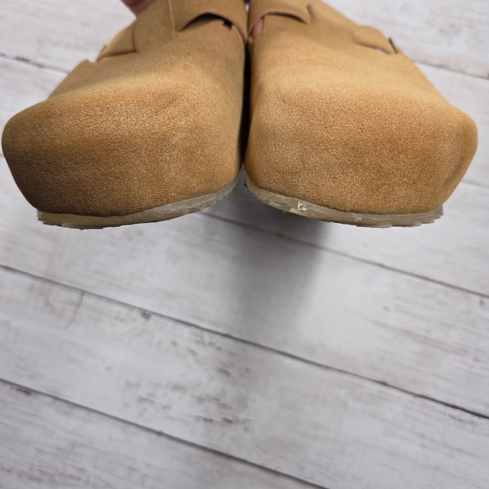 MIA Qwest Platform Clog Mule Womens 7.5M Tan Faux Suede Cork Wedge Buckle Strap