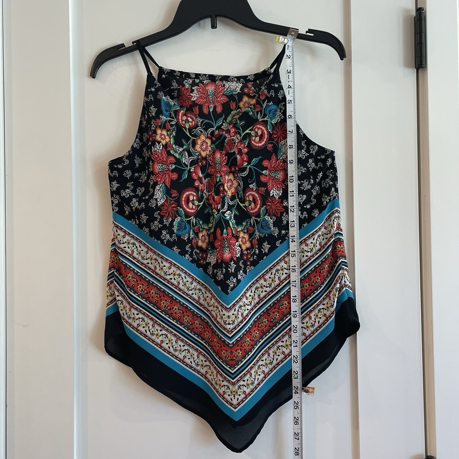BCX Boho Cami Tank Top black floral SEMI SHEER Small Travel High Neck STrappy