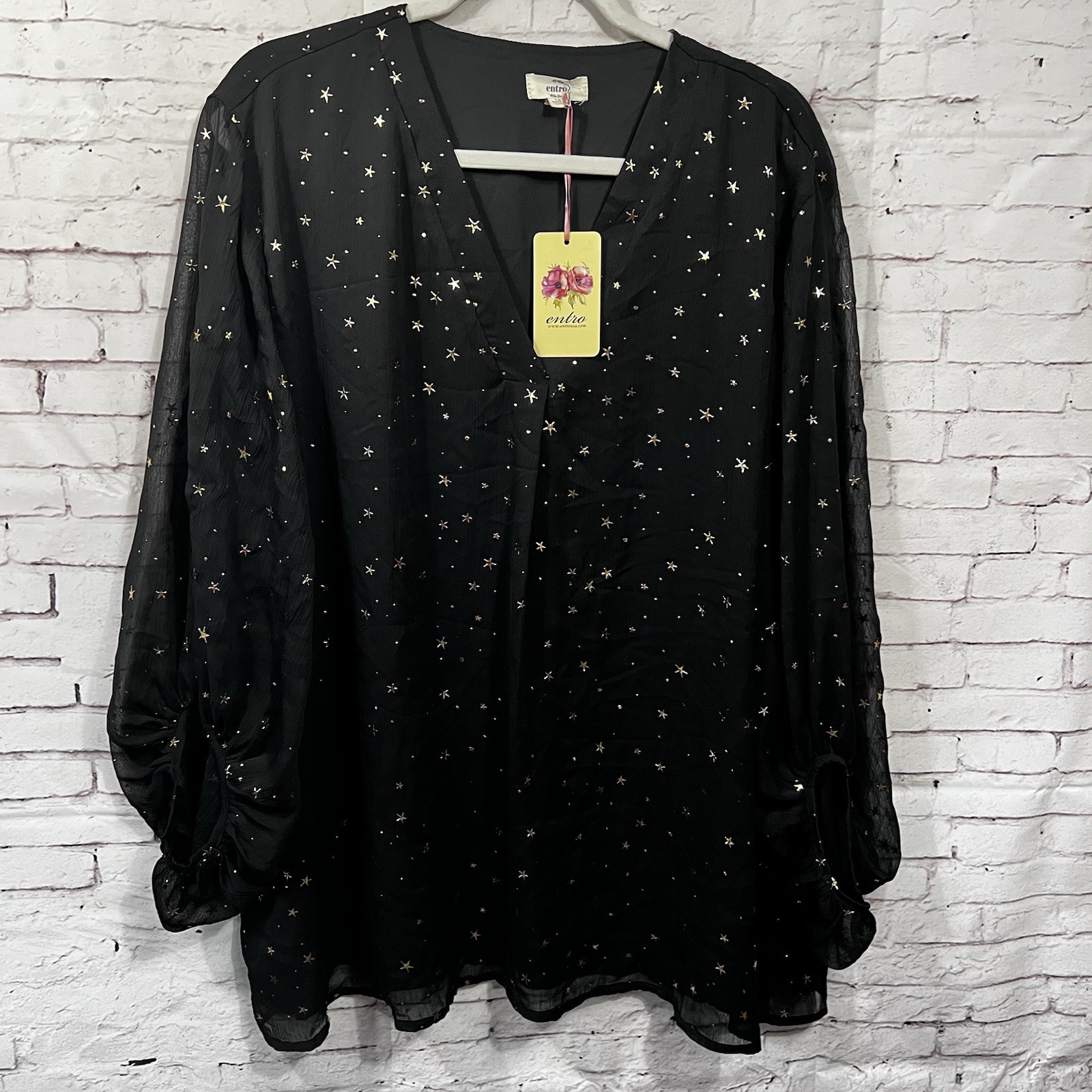 Entro Plus Size 1X NWat Blouse Black Gold Celestial Stars Sheer Long Sleeve