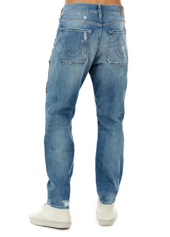 True Religion Zip Pockets Distressed Ripped Shredded Stitch Work Taper Jeans Men