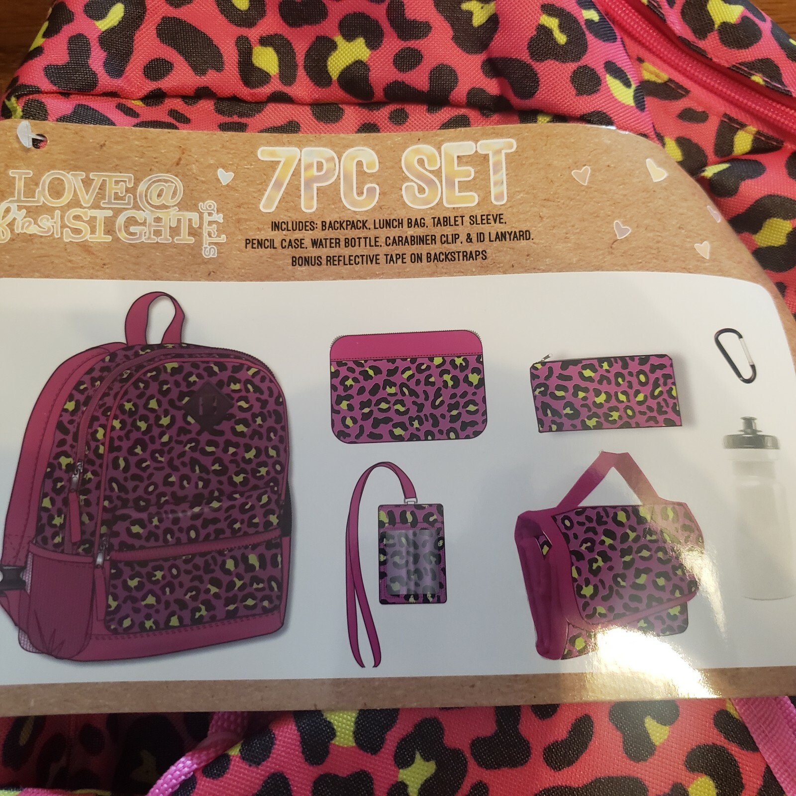 Love @ First Sight 7 Piece Set Leopard Print Backpack Lunch Bag Water Bottle