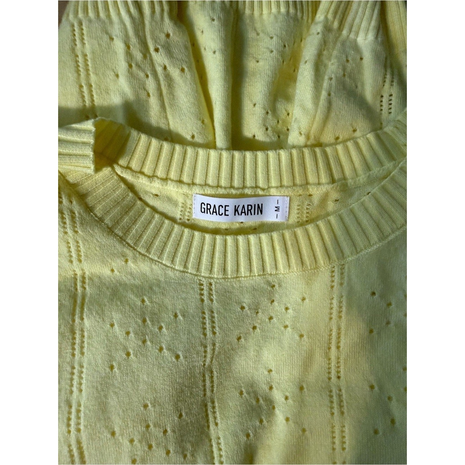 342-Grace Karin Lemon Yellow Knit Short Sleeve Sweater