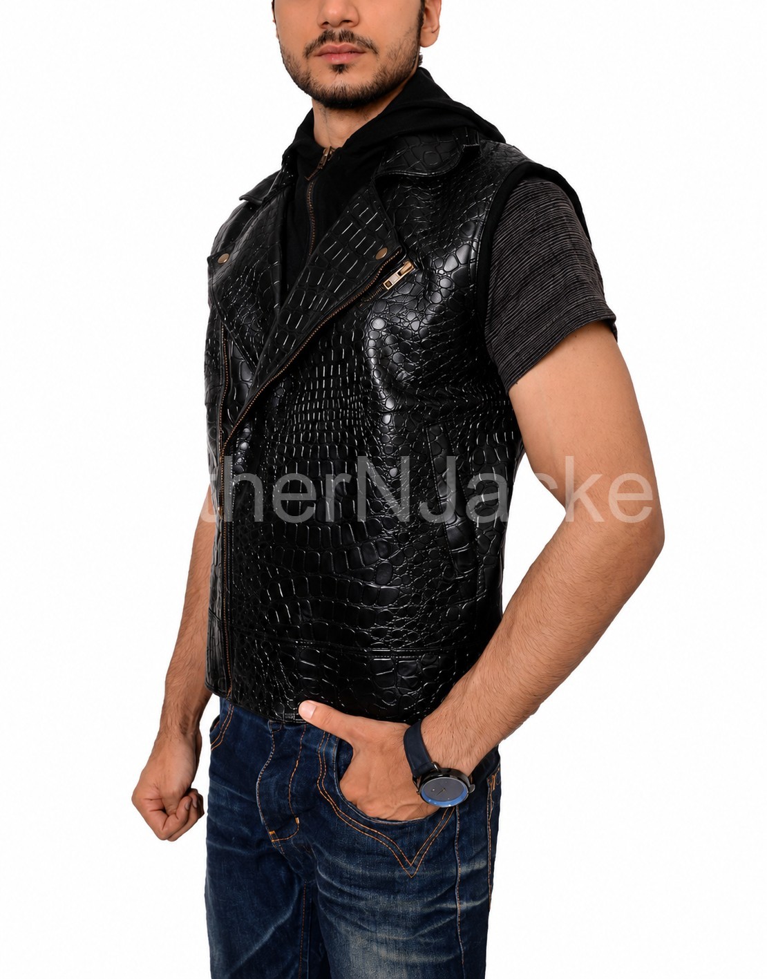 AJ Styles WWE Crocodile Textured Black Leather Hooded Wrestling Vest Jacket