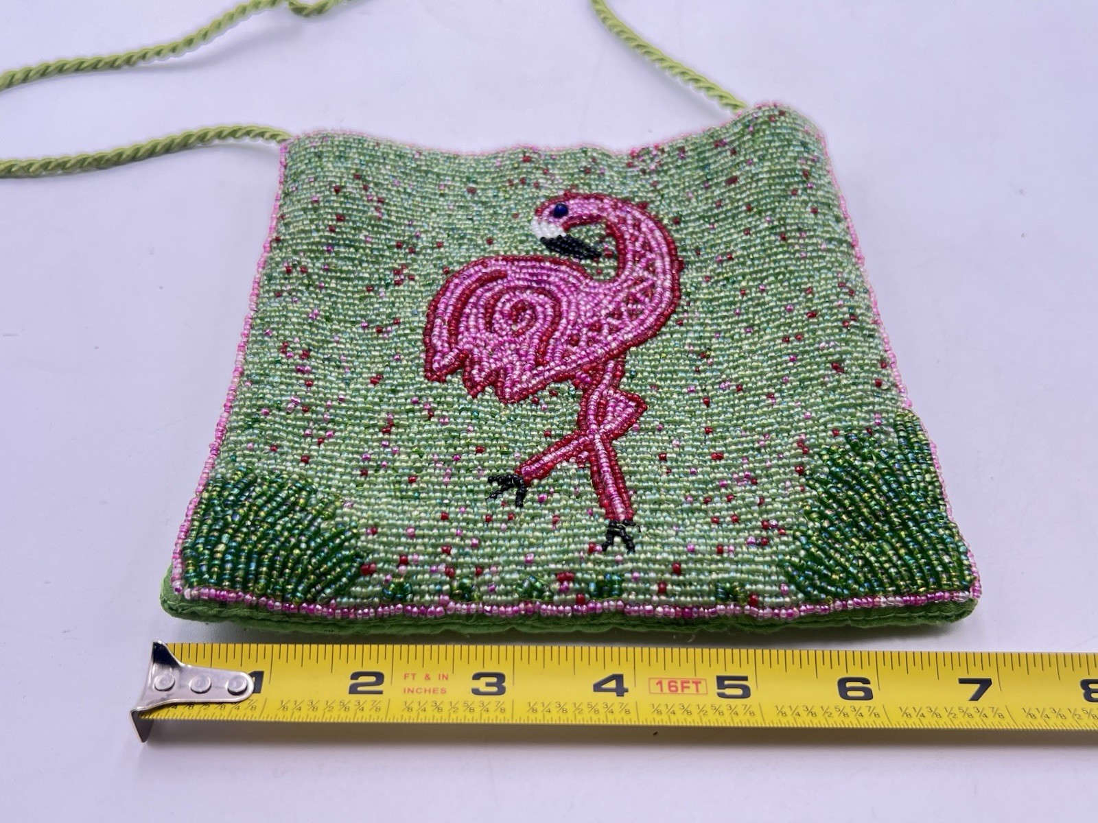 Bamboo Trading Flamingo Beaded Cross Body Handbag Purse Corded Strap Pink Green