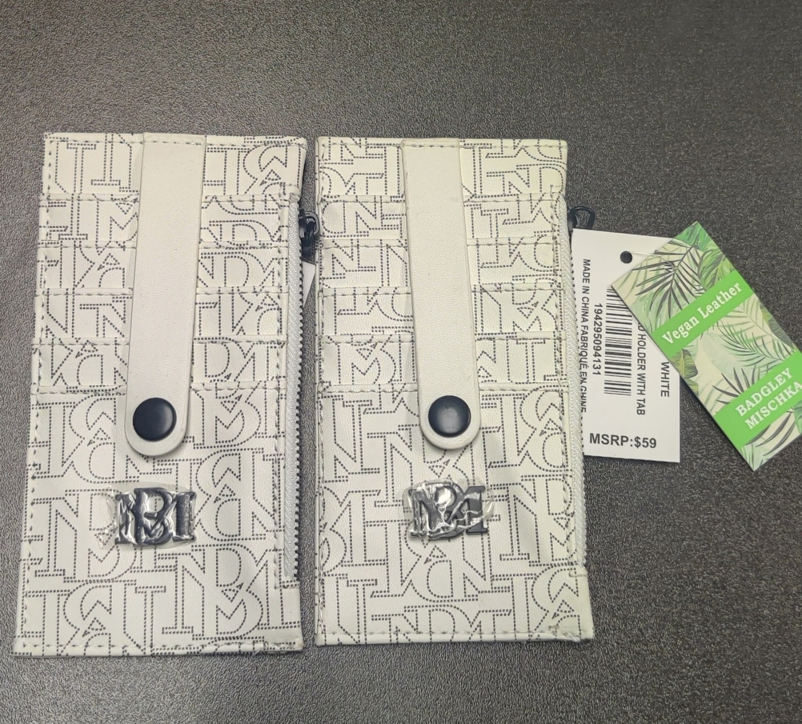 2 Badgley Mischka White Zip-Around Card Wallet w/Geometric Pattern Logo Accents