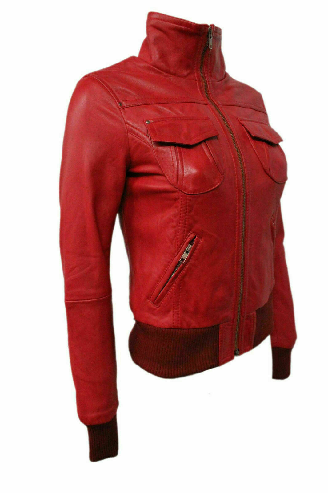 Classic Women Authentic Red Lambskin Leather Jacket Slim Fit Bomber Jacket