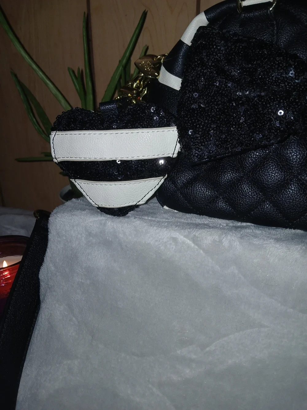Betsey Johnson Black Quilted Heart Crossbody with Striped Accents, Whimsy, bow