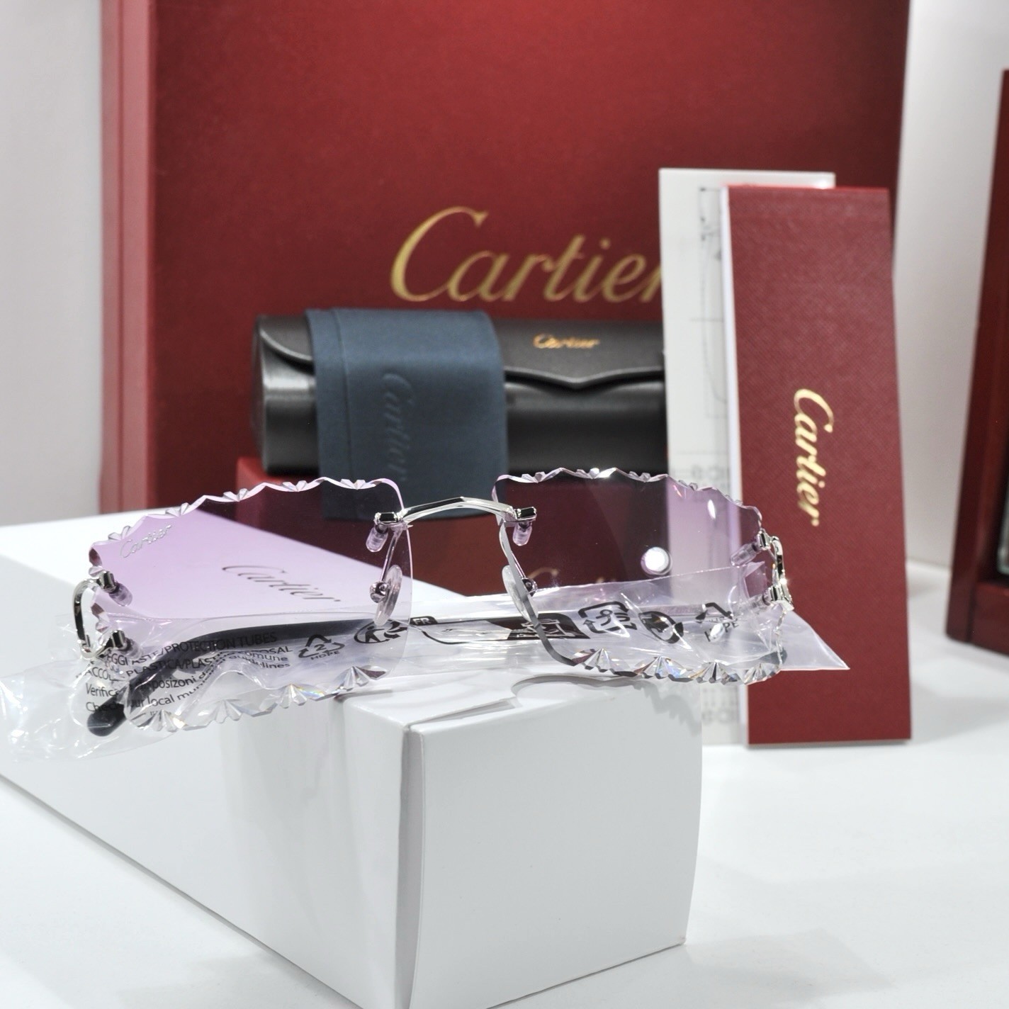Cartier rimless sunglasses piccadilly glasses Diamond Cut BIG C silver Frame