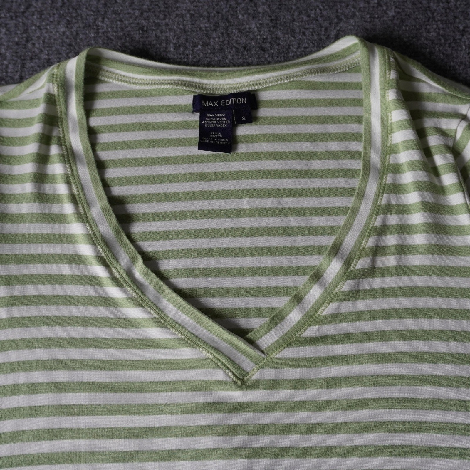 Max Edition Striped V Neck Tunic Top Womens Small Green White Ruched Sleeve