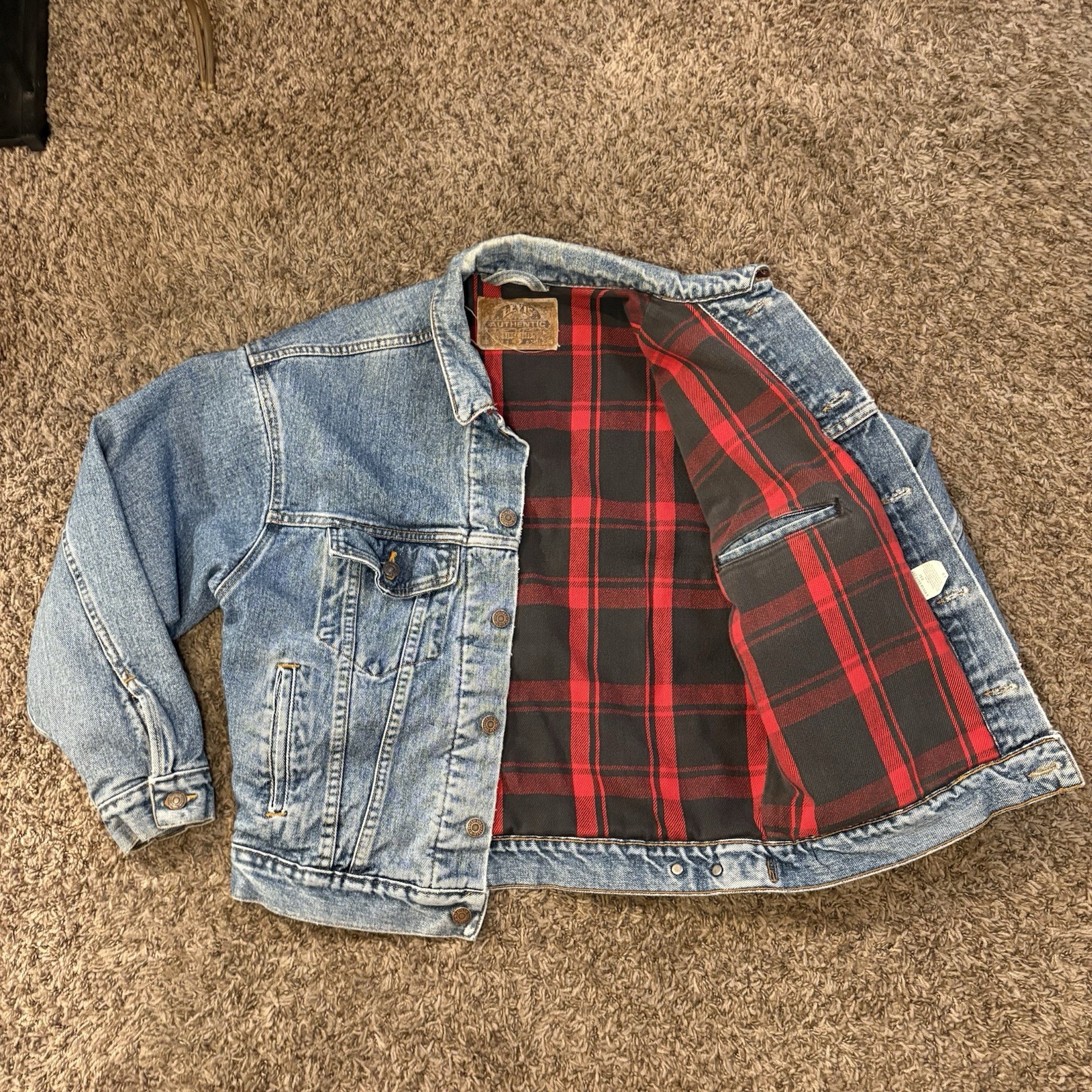 Vtg Levis Denim Trucker Jacket Buffalo Plaid Flannel Lined Sz S 80s