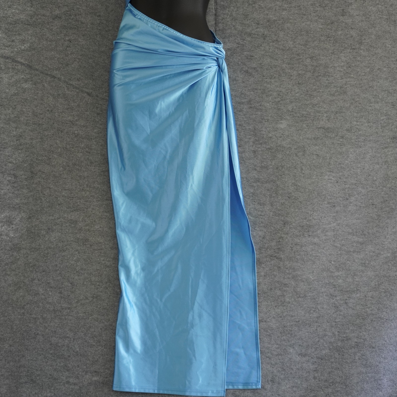 PrettyLittleThing Blue Satin Cut Out Maxi Dress US 2 UK 6 One Shoulder High Slit
