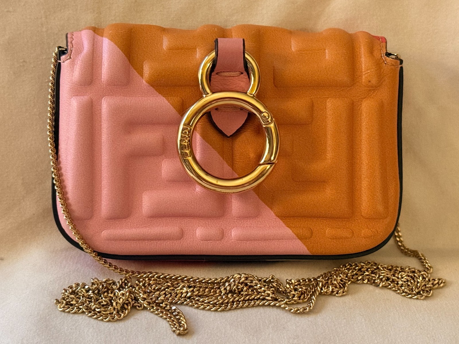 Fendi Multi-Color FF Embossed Nano Baguette Charm Bag With Chain
