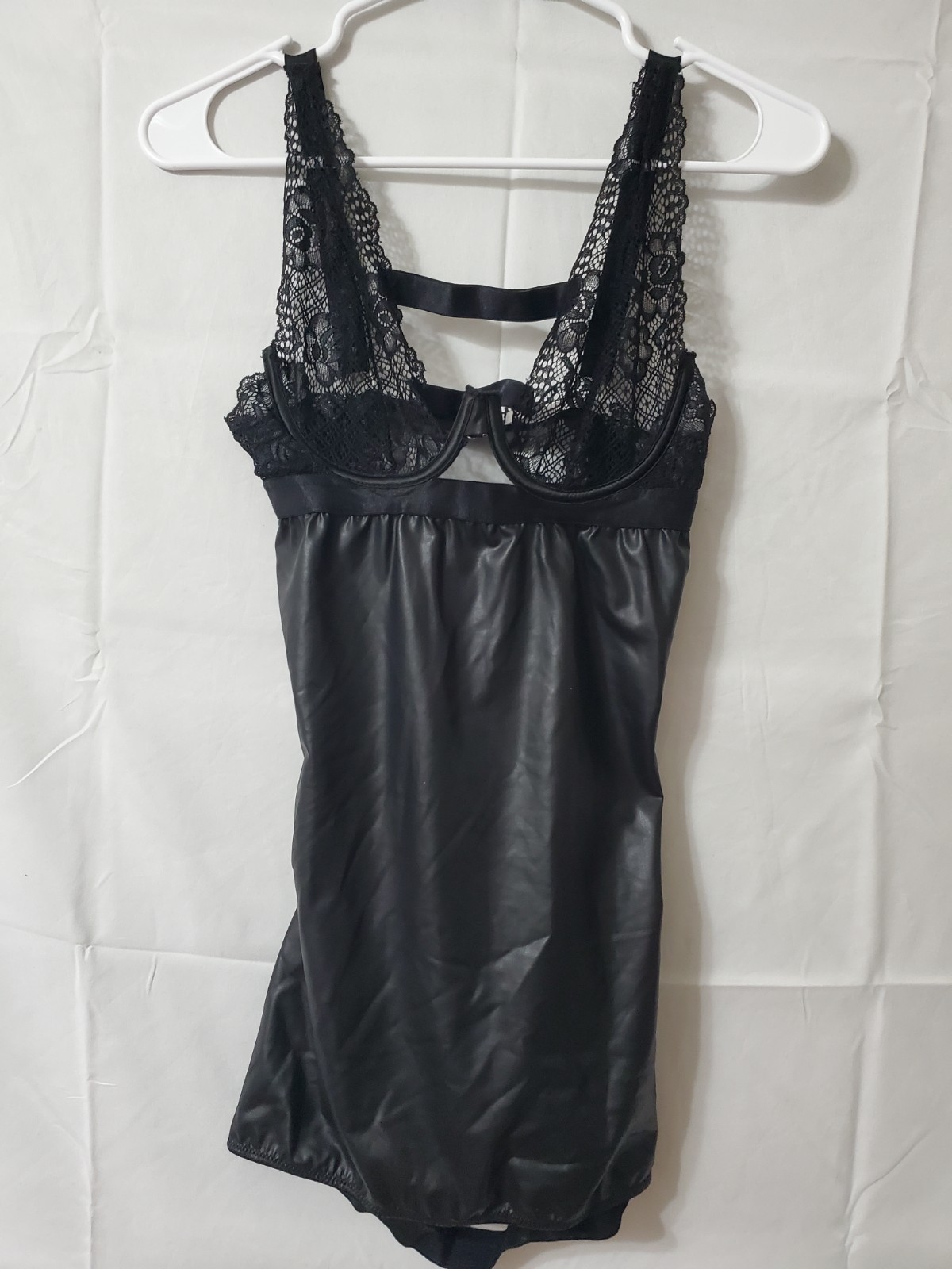 Women’s Lingerie Faux Leather Size Small Medium Black Nylon Spandex Lace
