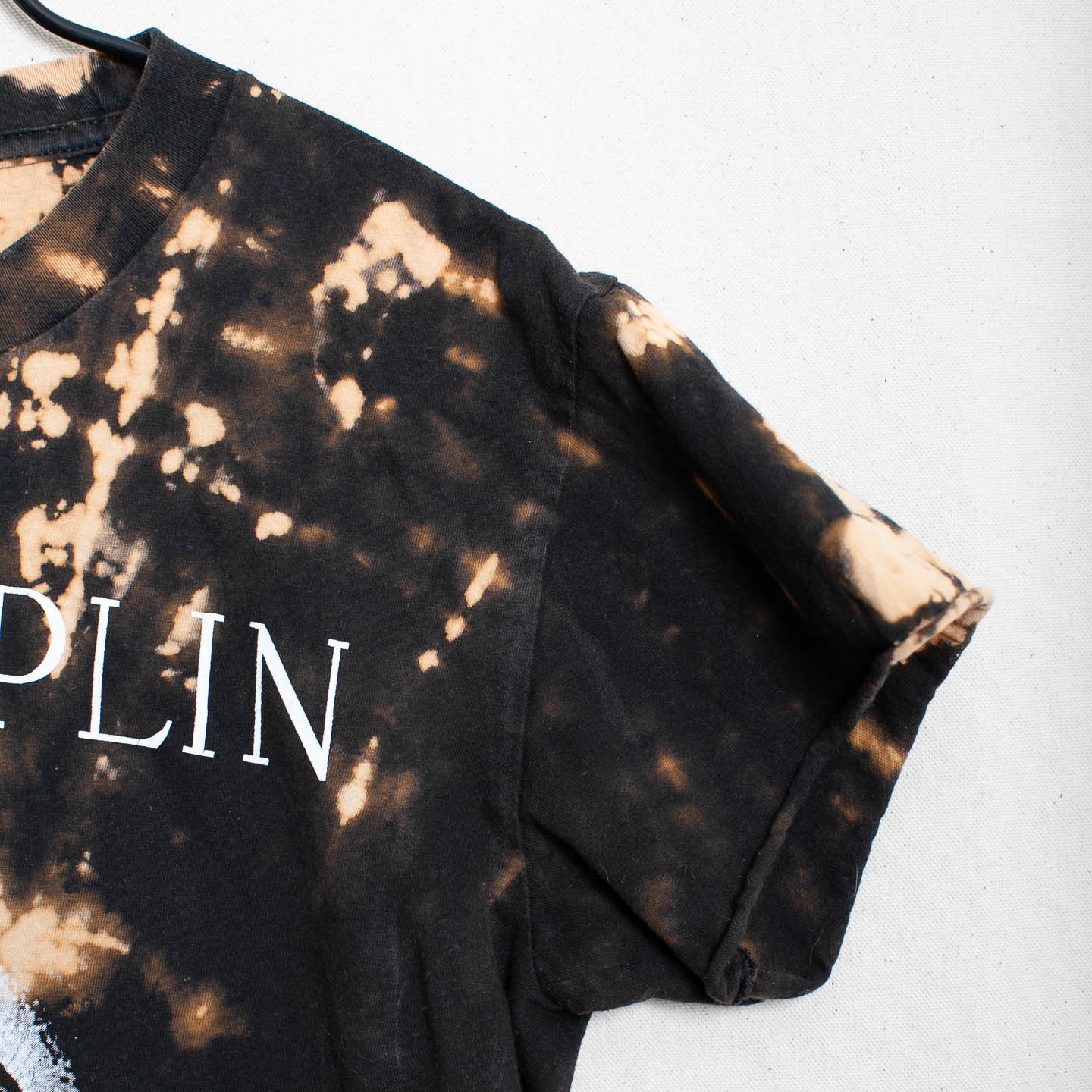 Janis Joplin Hand Bleached Acid Wash Graphic Tee Black Tan Cropped S/M Grunge