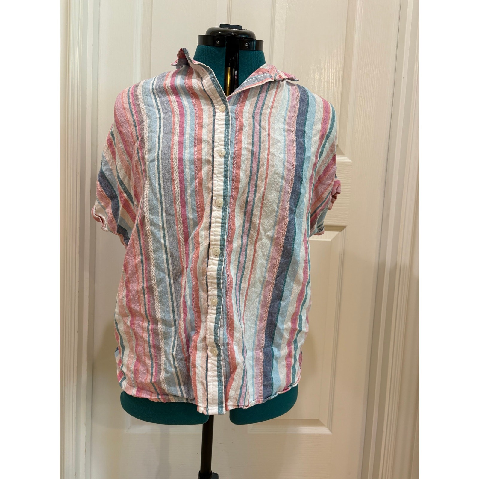 Women’s Size L Linen Blend Button Down Shirt with Pastel Stripes