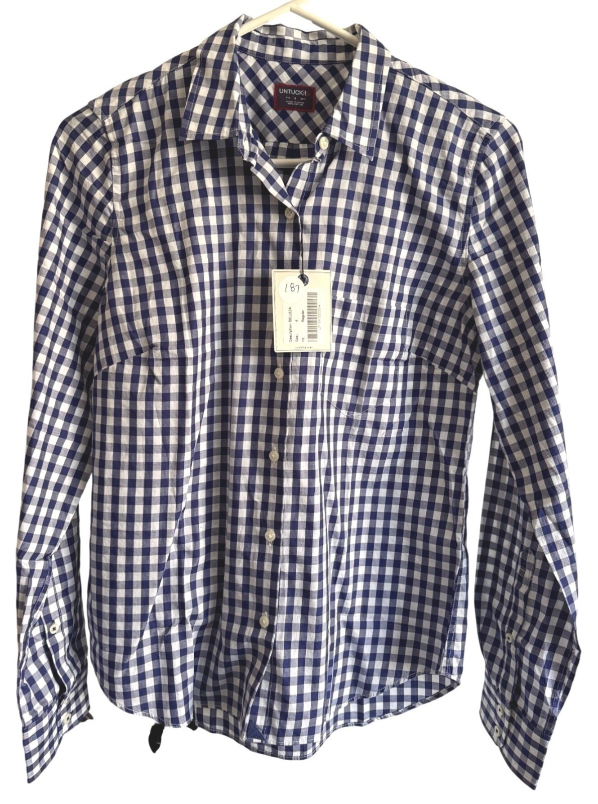 Untuckit Gingham Button Up Size 4 Blue White Check NWT Collared Women’s