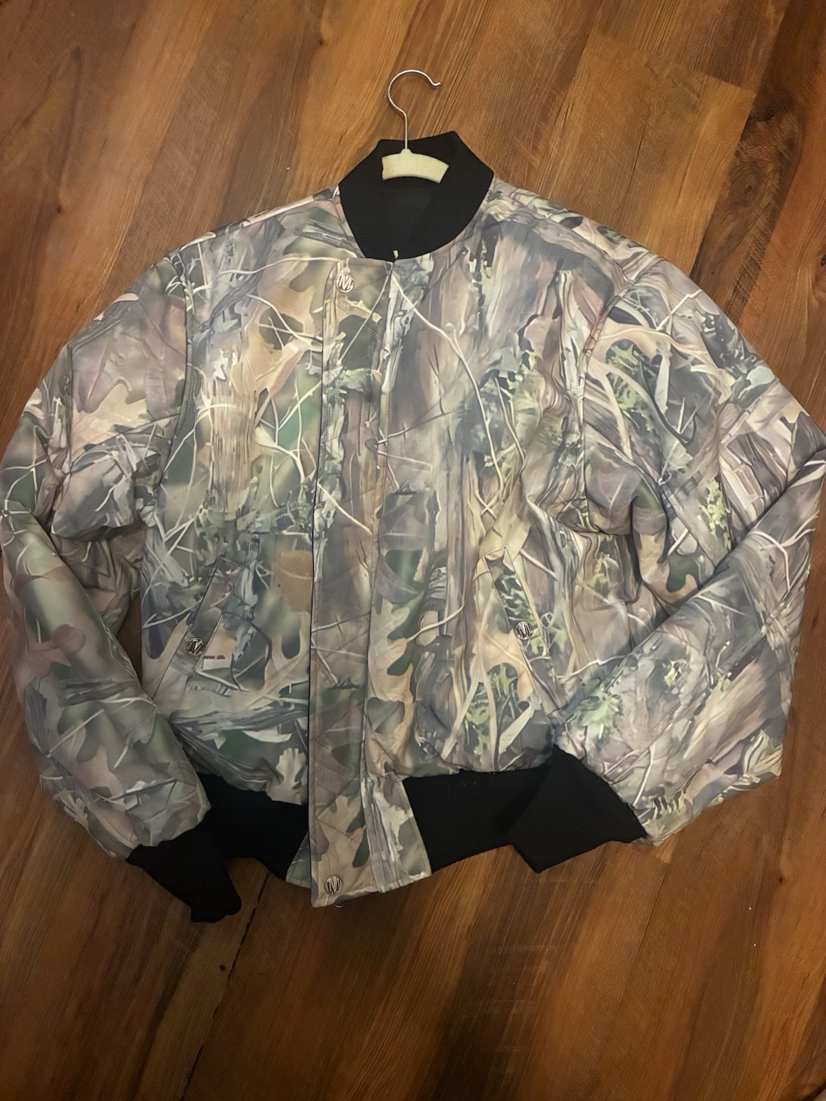 MARKET Reversible Full-Zip Bomber Jacket Black/Camo Stand-Up Collar Logo SIZE L