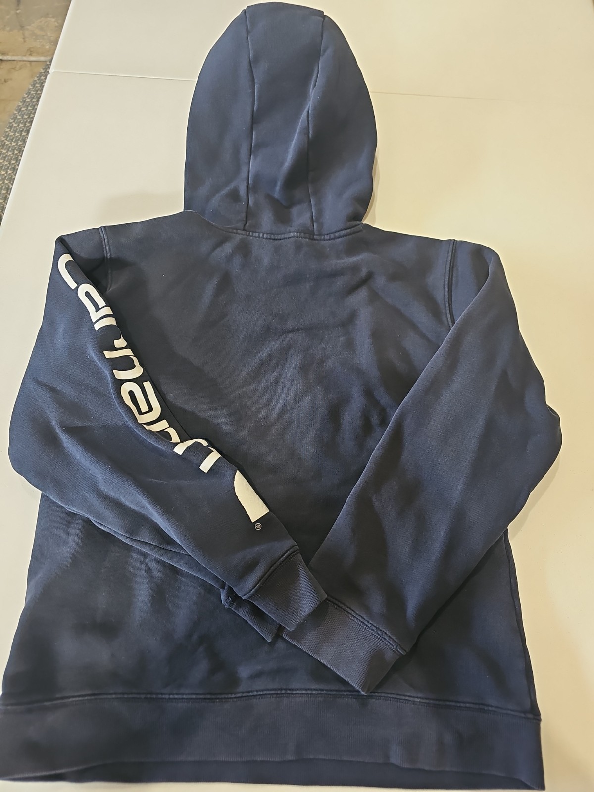 Carhartt Navy Hooded Pullover Sweatshirt Logo Sleeve Hoodie 21×22 EUC